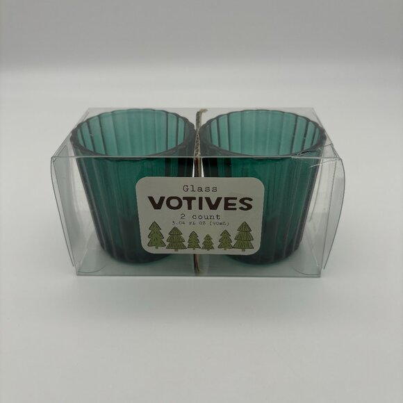 Bright Star 2 Green Ridged Glass Votives Christmas Tea Light Candles Holder NEW - Picture 1 of 4